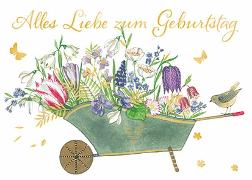 Postkarte. Zum Geburtstag (Schubkarre mit Blumen)